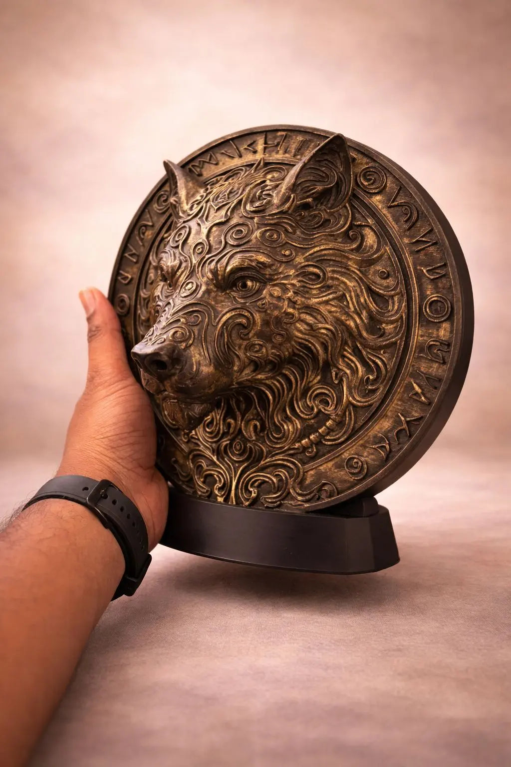 Vintage Wolf Head Medallion Sculpture – Decorative Tabletop Art Piece hikariliving