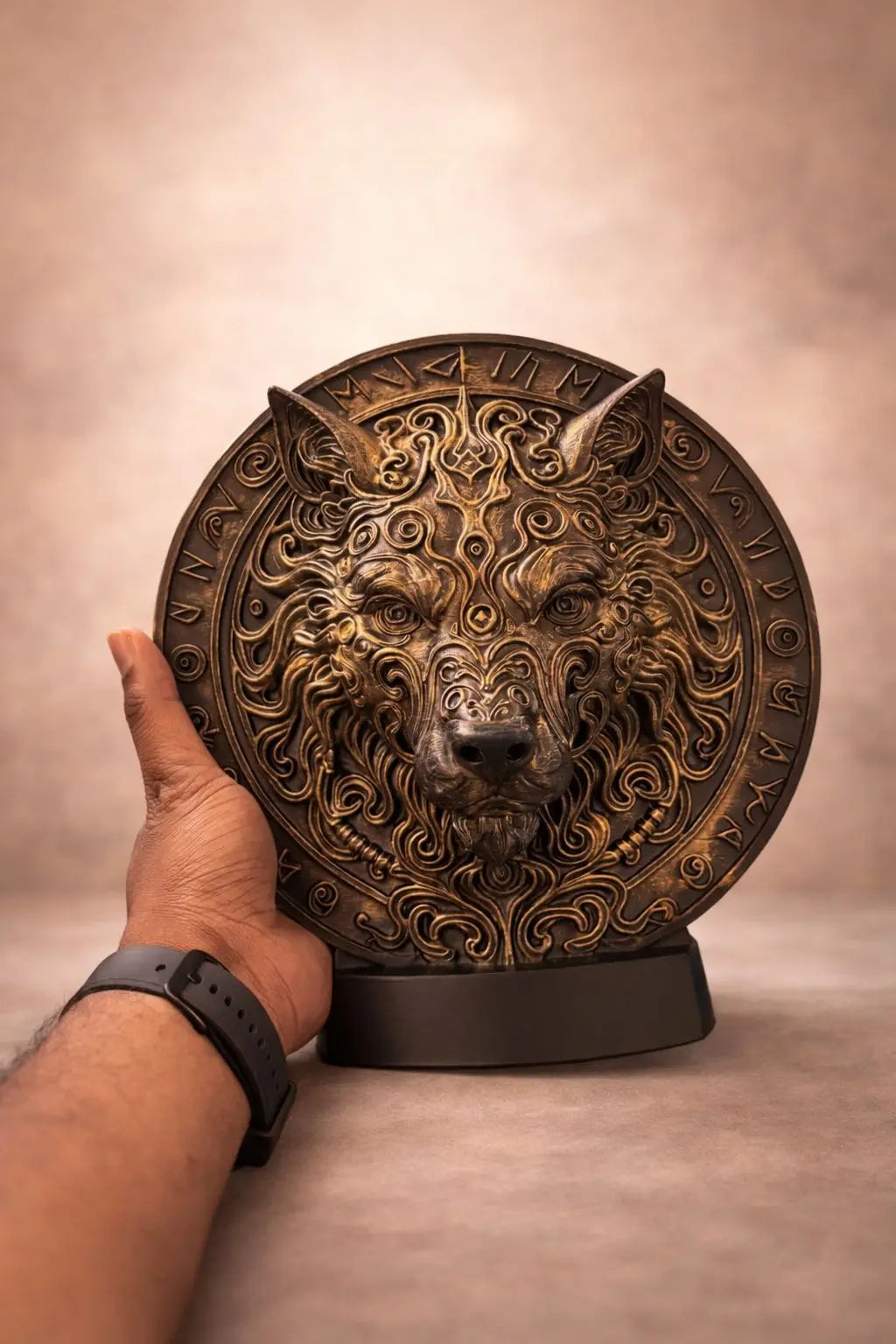 Vintage Wolf Head Medallion Sculpture – Decorative Tabletop Art Piece hikariliving