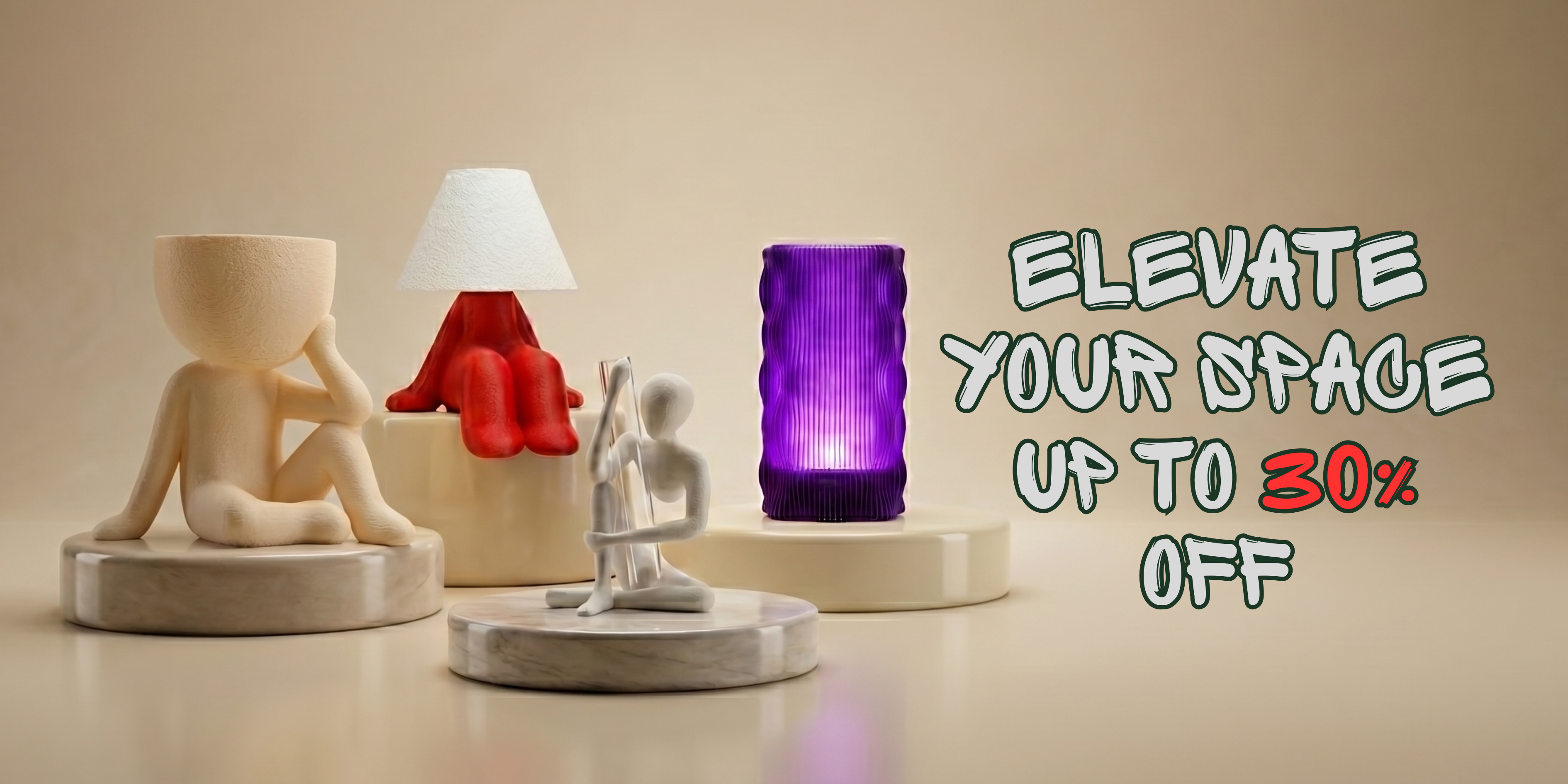 Decorative items on a beige surface with promotional 30% off